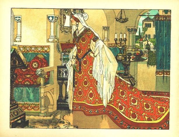 La méchante reine devant son miroir magique. Illustration allemande de Franz Jüttner, 1905.