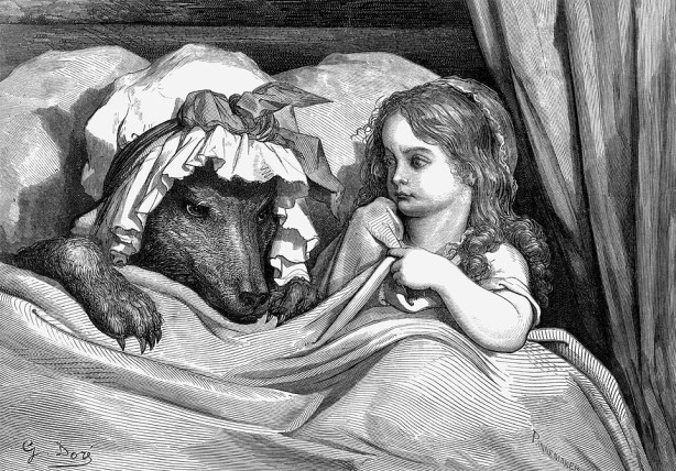 « Elle était bien étonnée de voir comment sa Mère-grand était faite en son déshabillé ». Illustration de Gustave Doré.